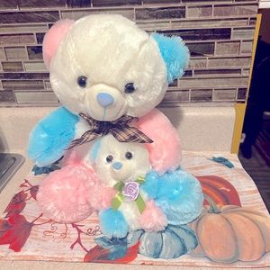 Tri Color Plush Teddy Bear wearing Bowtie with Matching Cub